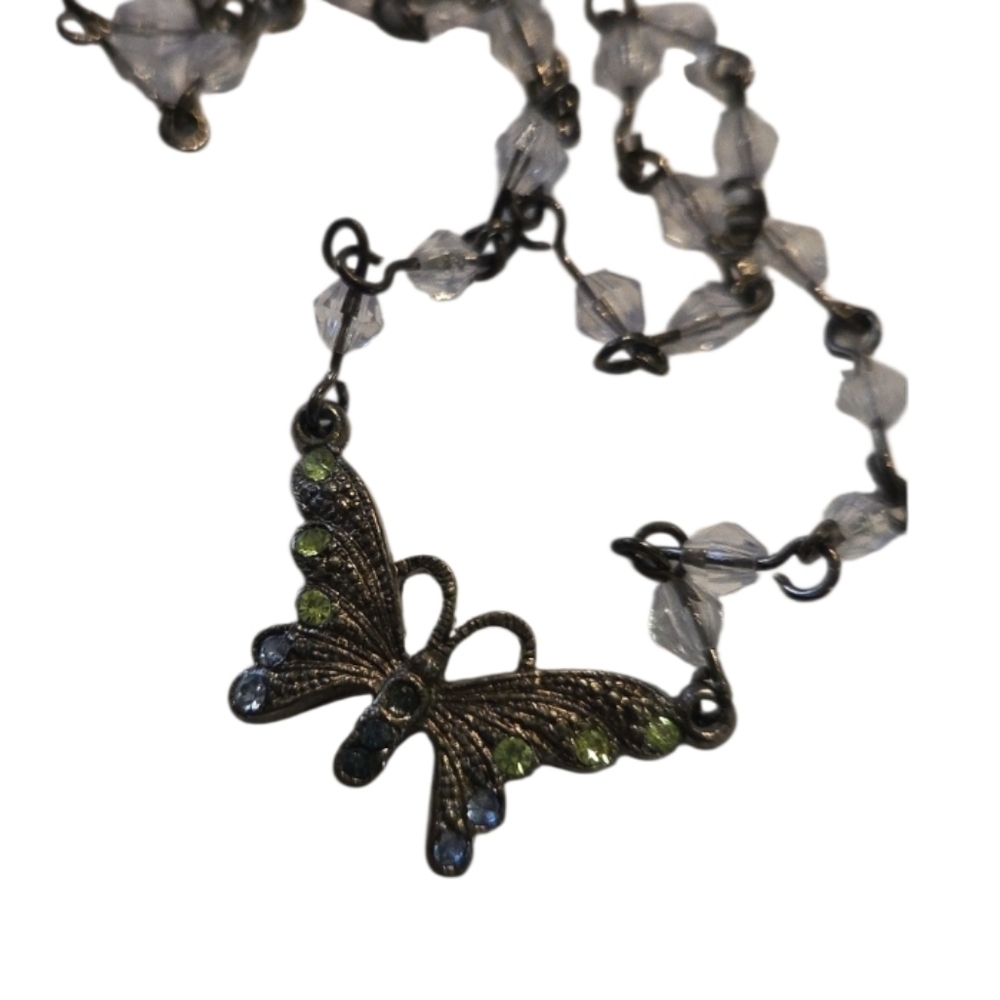 90s Elegant Butterfly Necklace with Crystal Accents blue Green Bronze